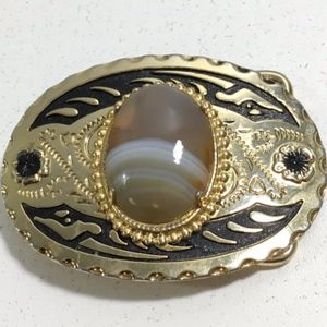 Gold Tone Belt Buckle Large Tan/Grey Stone Center Engraved Tooled Design Western